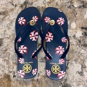 Tory Burch navy blue with pink and red logo print with the gold emblem